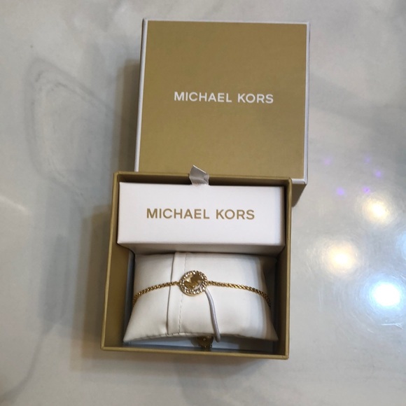 Michael Kors Gold Tone Slider Bracelet Open Frame Circle & MK Logo Crystal NWT - Picture 15 of 16